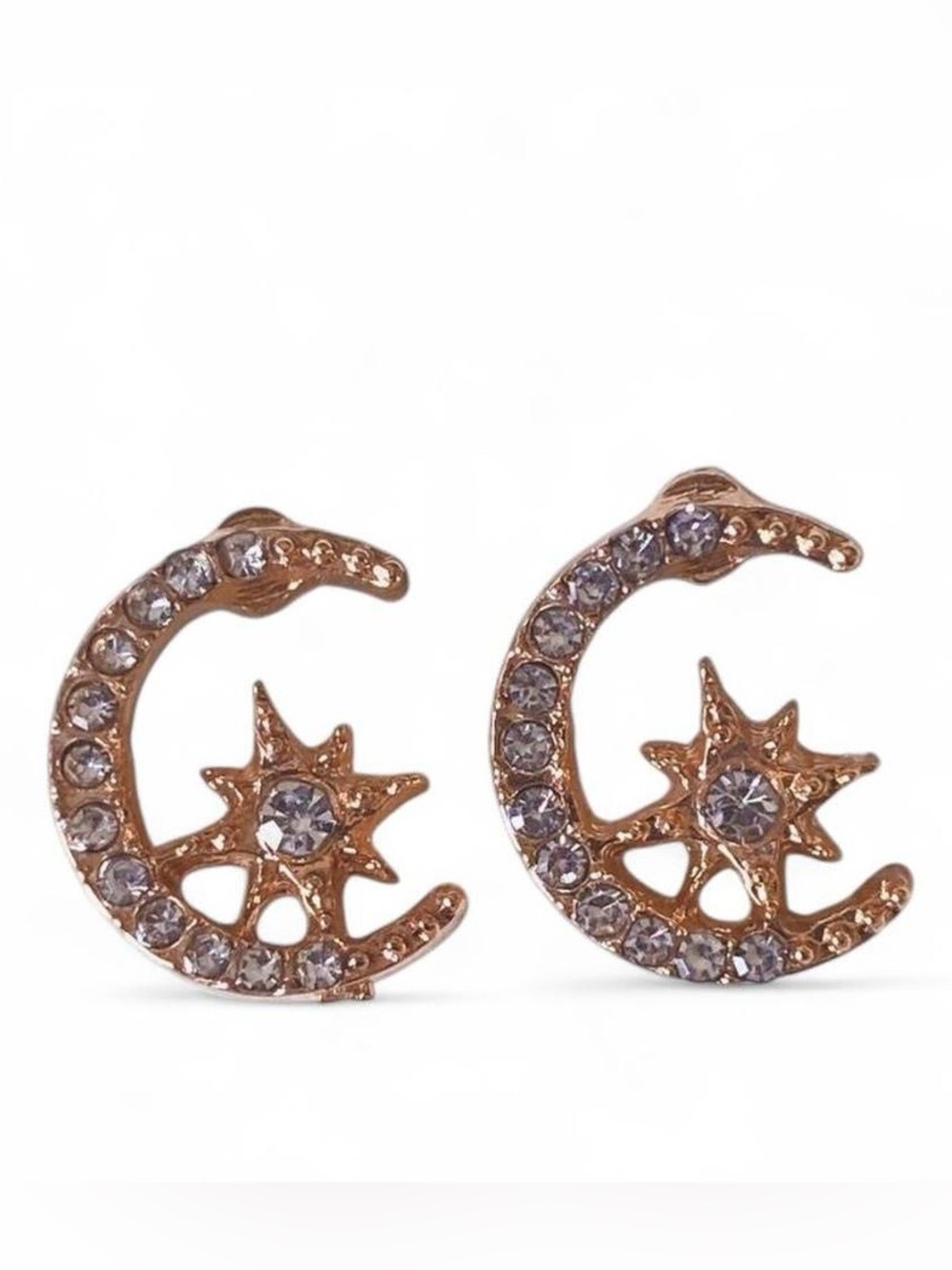 Hand Crafted Rose Gold Moon & Star Crystal Stud Earrings